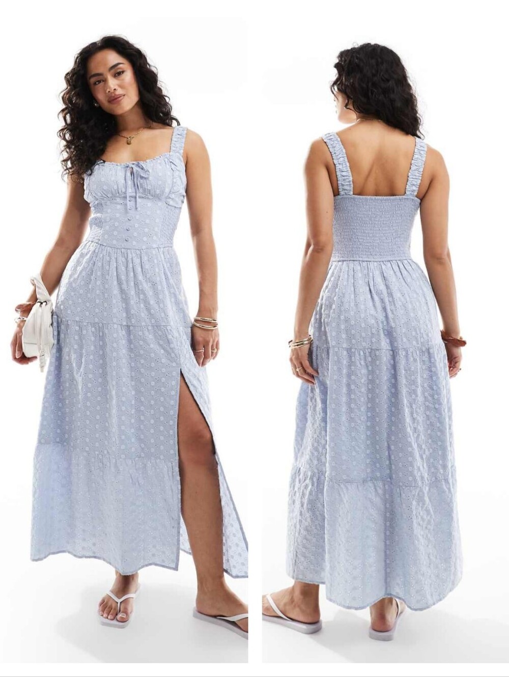 Hollister Sofia Blue Embroidered Maxi Dress Thigh Split Milkmaid Cottagecore M